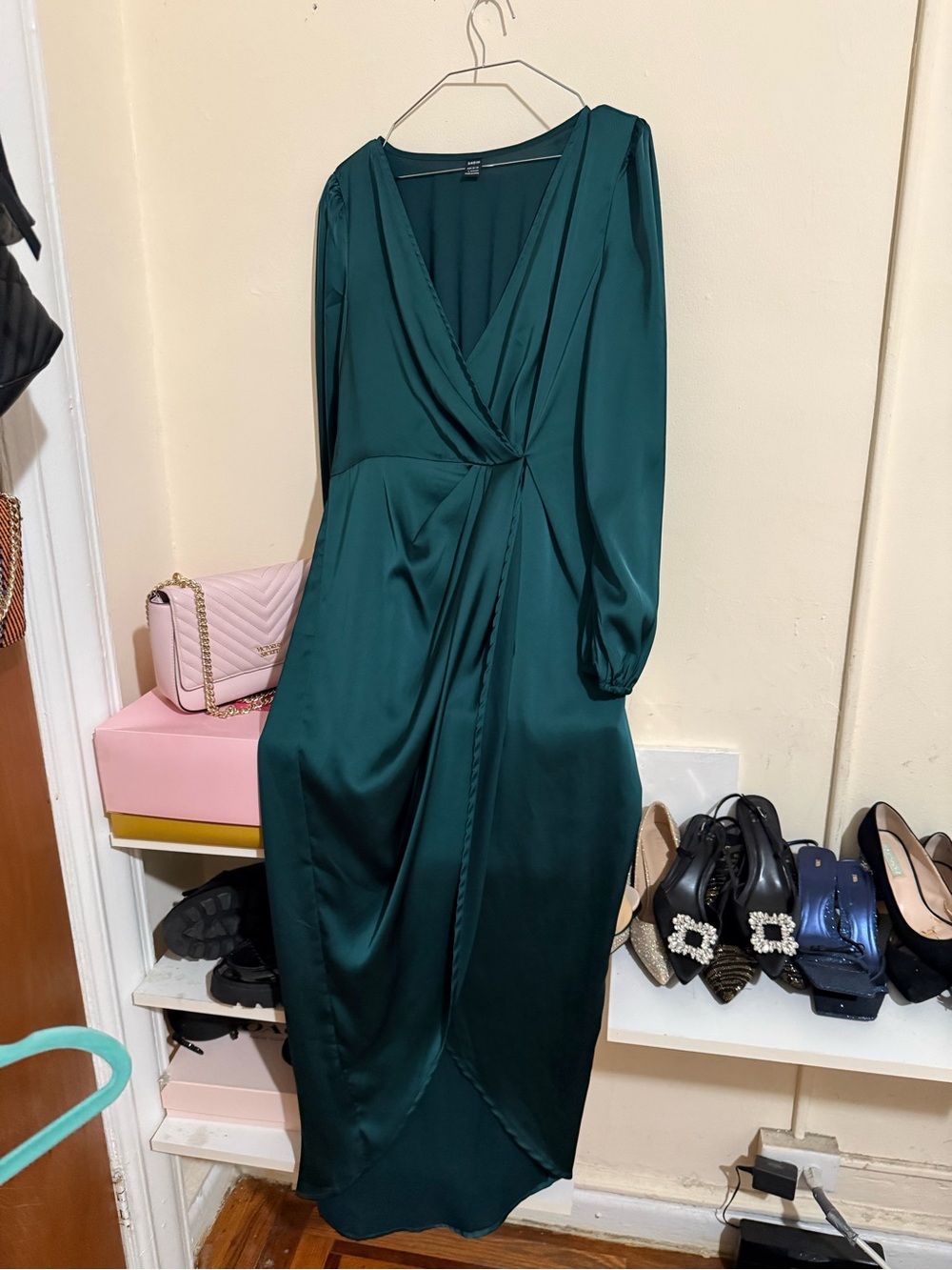 SHEIN Teal Satin Wrap Maxi Dress with Long Sleeves